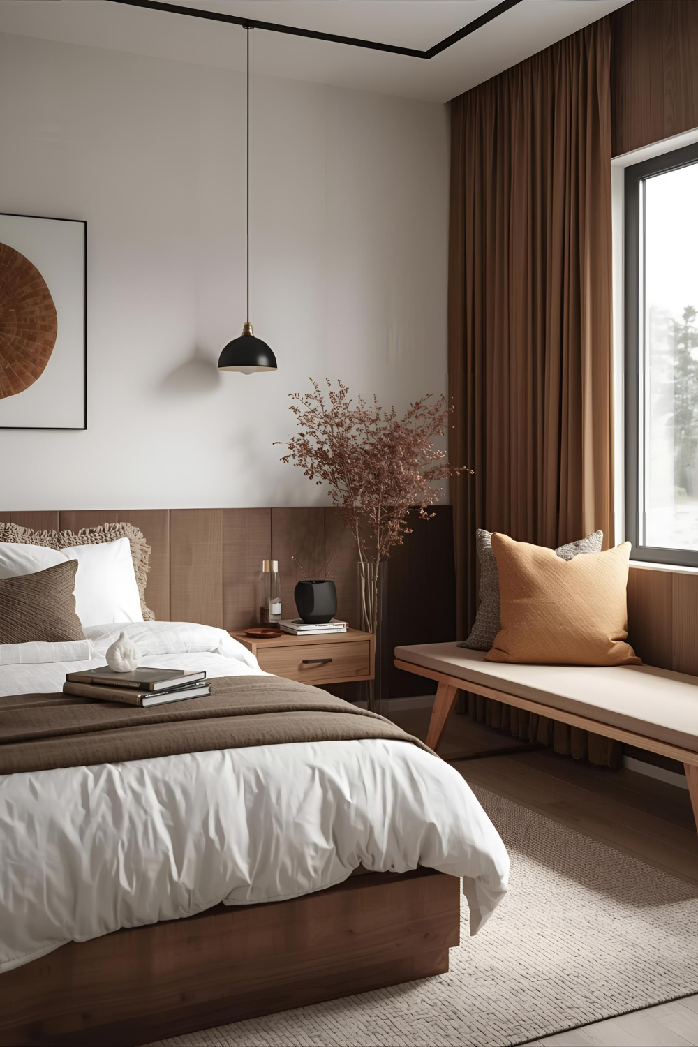 Fall bedroom with quilted comforter in warm autumn colors